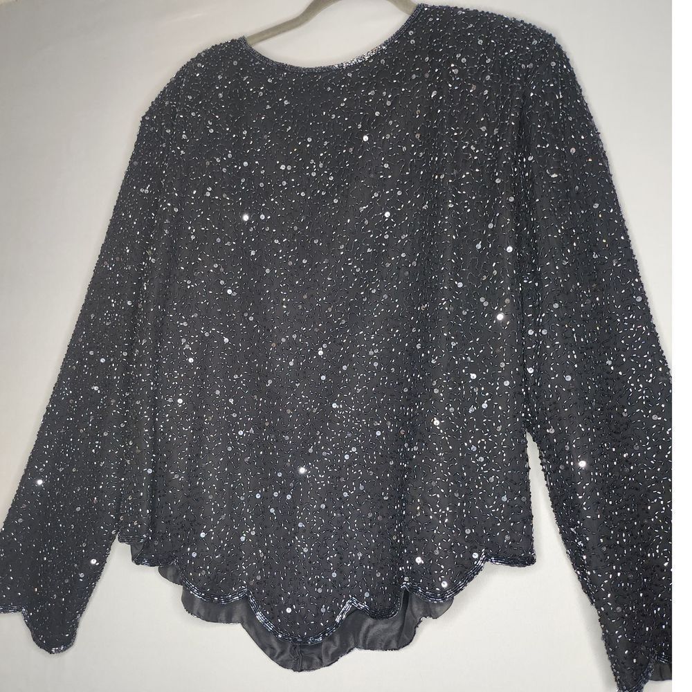 Praise Hymn Fashions Womans Black Beaded‎ Silk Lined Scalloped Hem Top Size XXL
